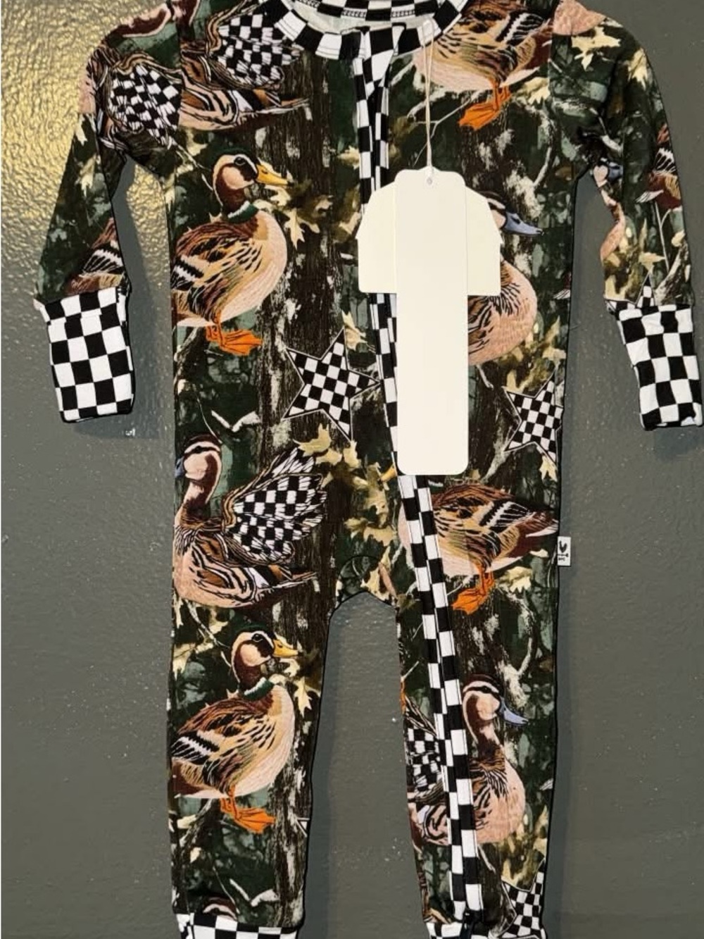 BAMBOO Green Duck Print Footed One-Piece with Checker Trim